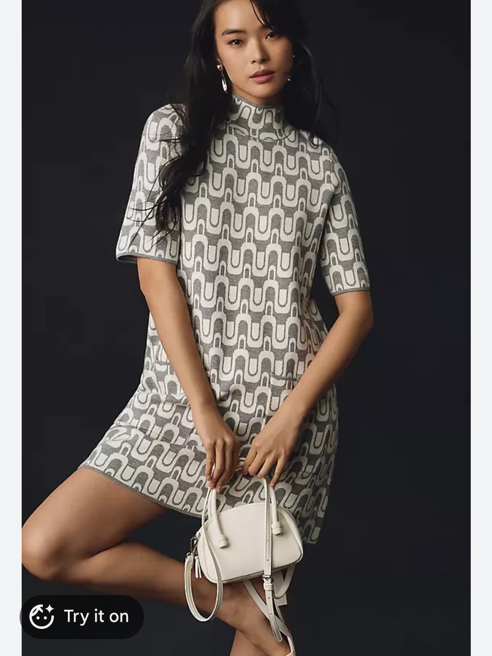 Maeve Mock Neck Gray and White Geometric Knit Short-Sleeve Dress